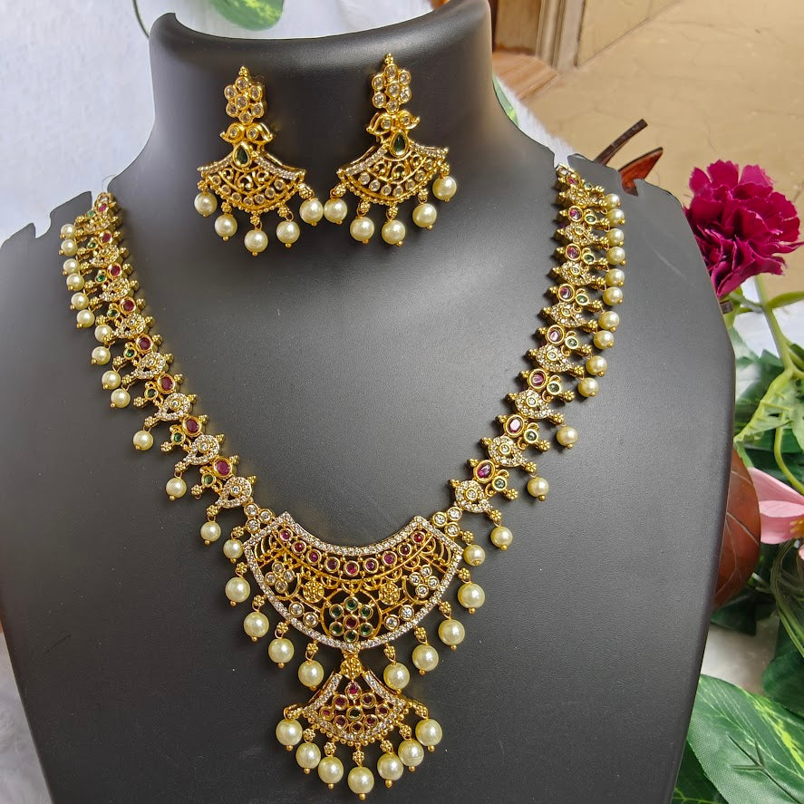 Antique Gold-Finish Necklace Set with Red and Green Stones