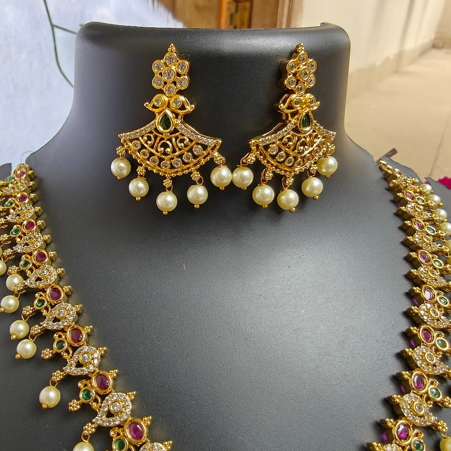 Antique Gold-Finish Necklace Set with Red and Green Stones