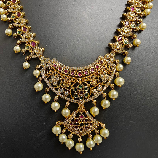 Antique Gold-Finish Necklace Set with Red and Green Stones