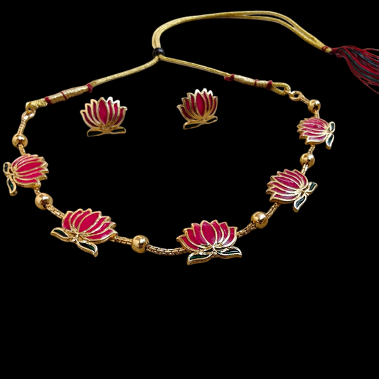 Emerald Lotus Enamel Necklace Set