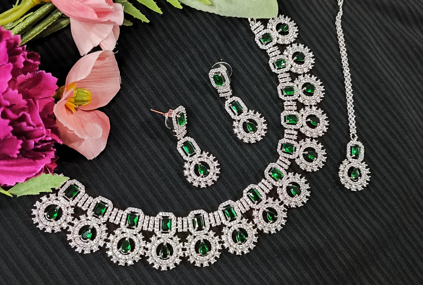 silver and green jewellery set